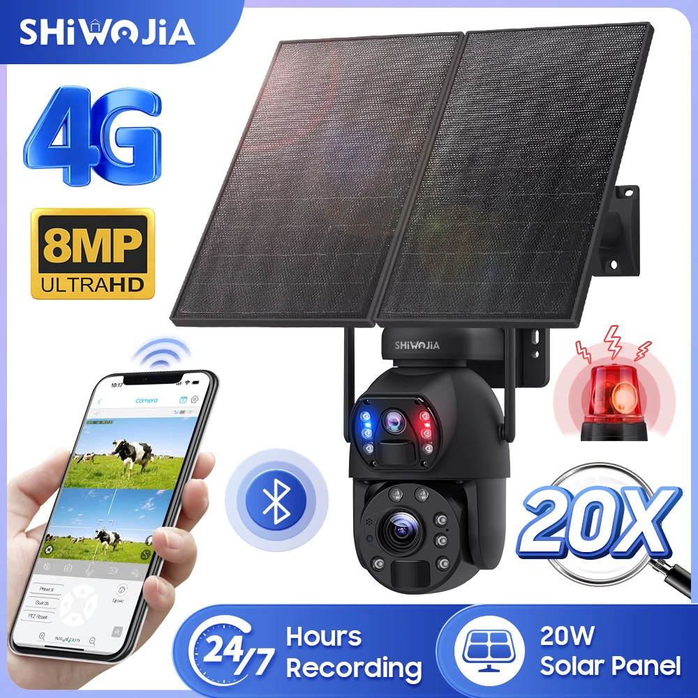 

SHIWOJIA 20X ZOOM 8MP 4G Solar Security Camera with 20W Solar Panel 20000mAh Battery Outdoor WIFI Solar Powered Surveillance Cam