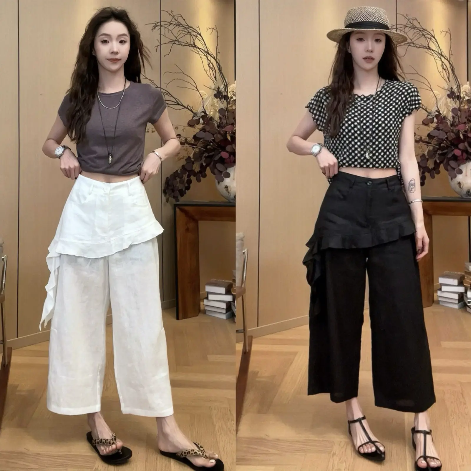 Casual High Waist Wide Leg Pants Asymmetrical Hemline Nine Points Thin Straight Cut Summer New Style for Short Women