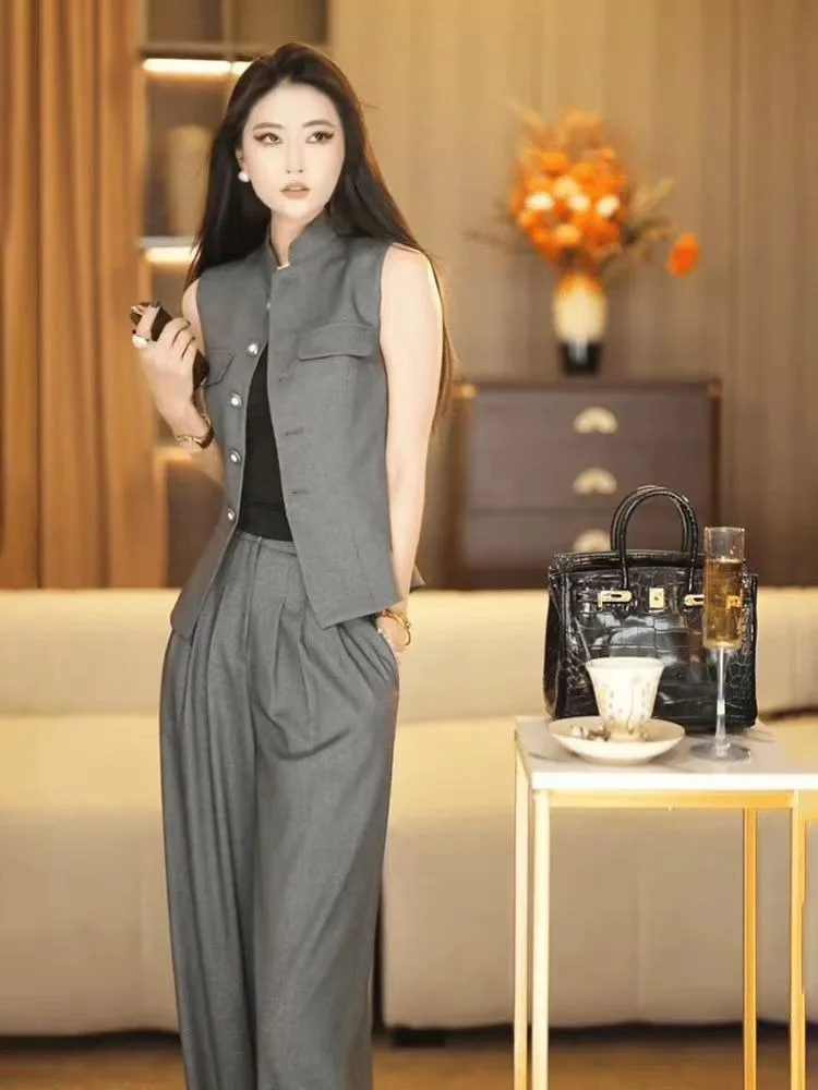 

New Fashion Office Lady Two Piece Set Women Summer Luxury High End Stand Collar Sleeveless Vest Top + Wide Leg Pants Suit
