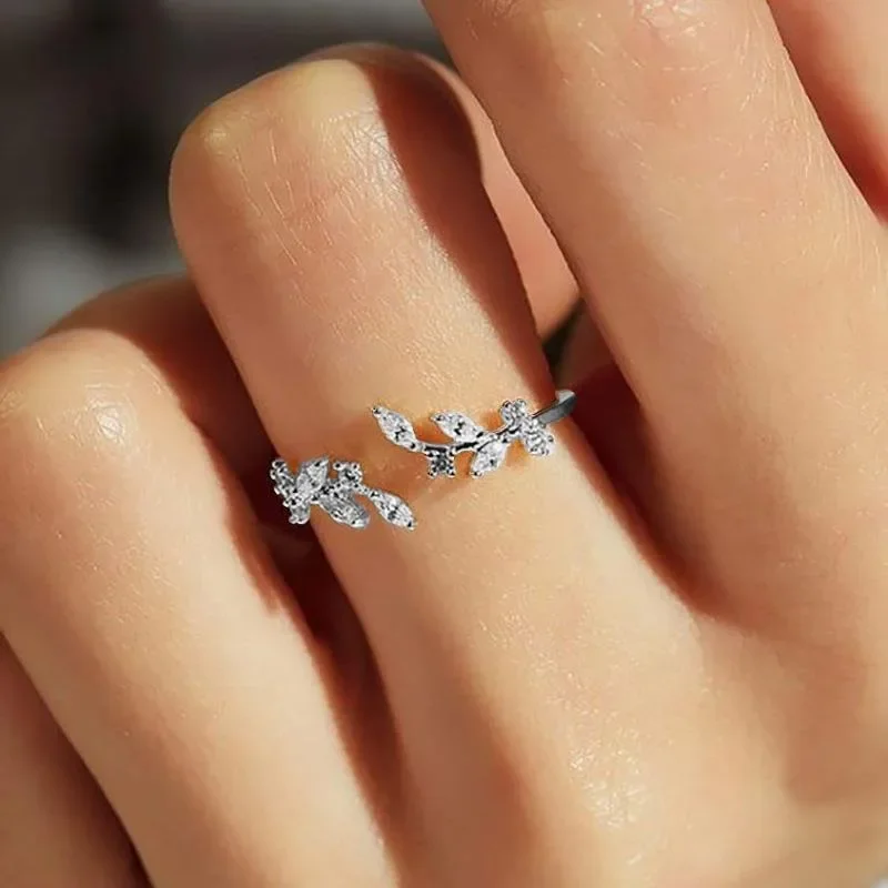 1Pcs New Diamond Studded Leaf Rings Fashion Jewelry Adjustable Rings Party Decor