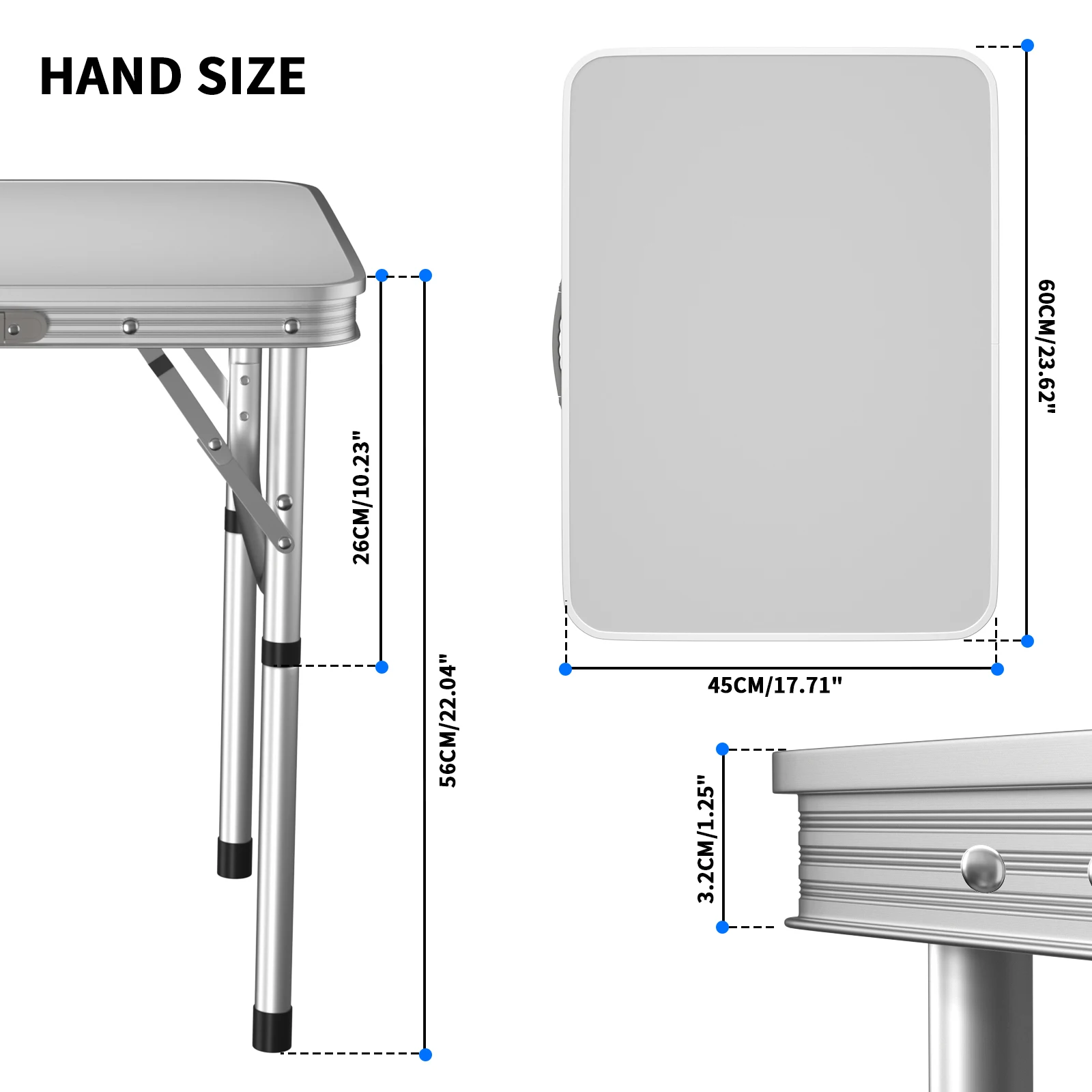 Portable folding table 60x45cm, 2 adjustable heights, light aluminium camping table for laptops, beds, sofas, picnics, beaches