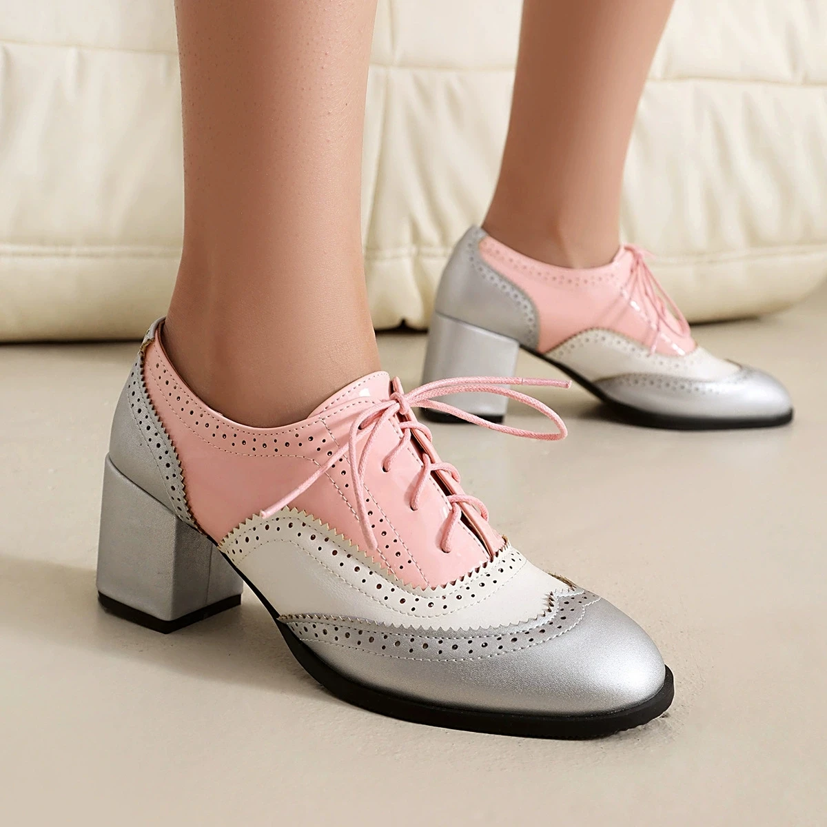 Thick Heeled Round Toe Women's Single Shoes Color Blocked Leather Shoes Blok Women Shoes Punk Dance shoes Big Size High Heels