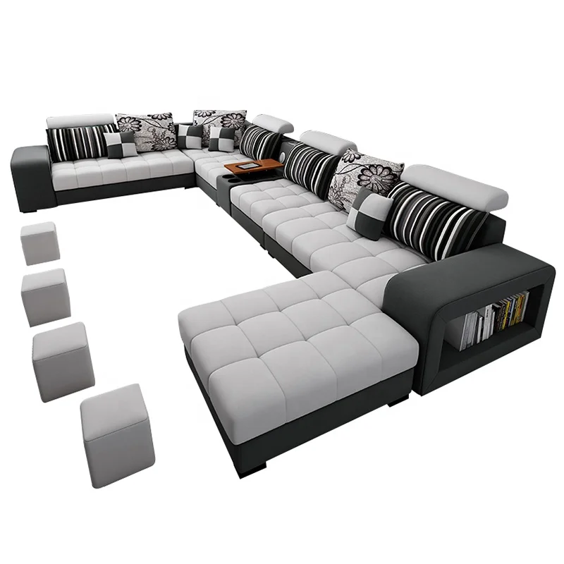 

Simple Modern Style Large Apartment Sectional 7 Seater Velvet Fabric U Living Room Furniture Sofa Set with Smart Side Table