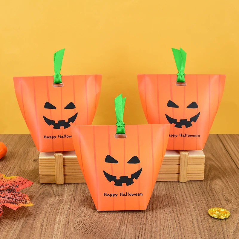 10pcs Happy Halloween Portable Ribbon Gift Boxes Pumpkin Ghost Candy Cookie Box Halloween Birthday Present Decors Trick Or Treat