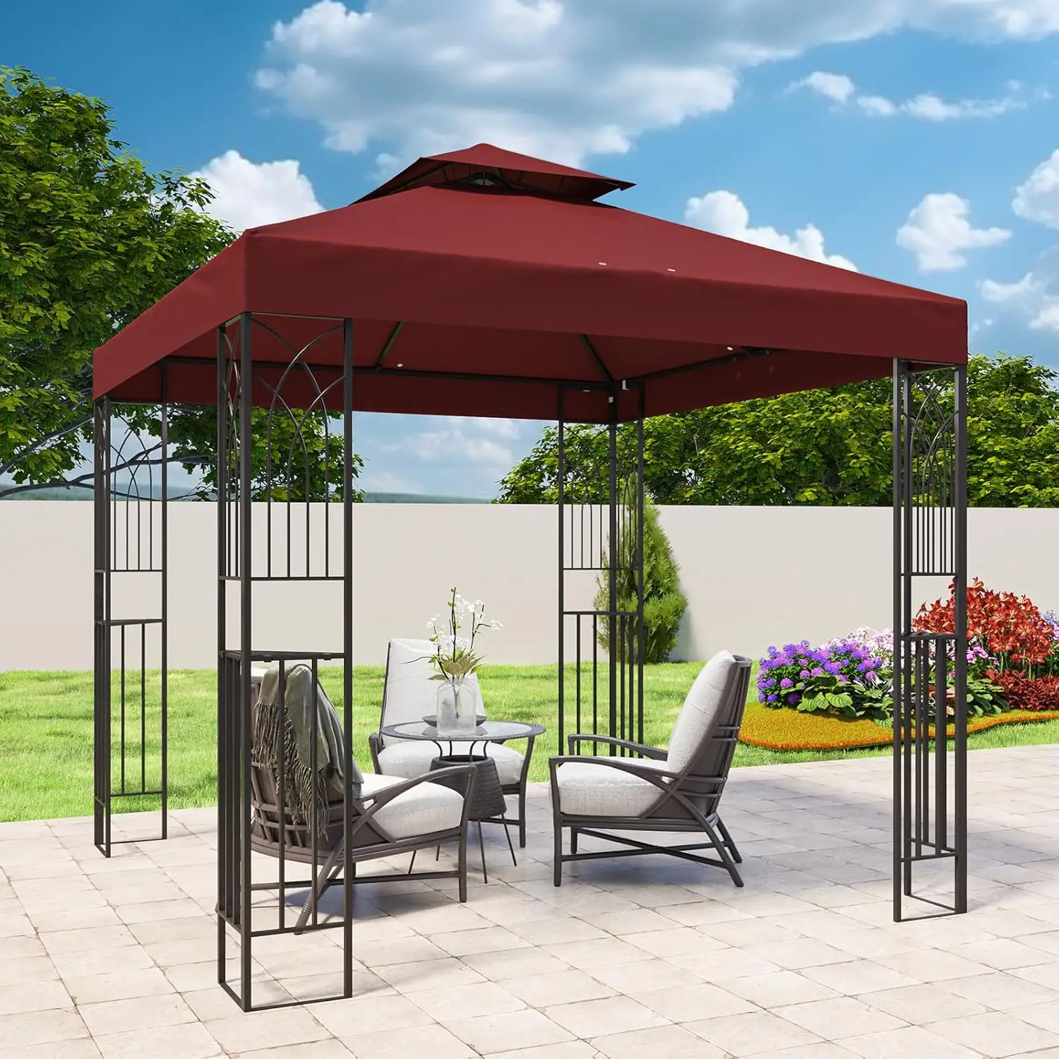 

Patio Gazebo 8x8 with Corner Shelves Double Roof Outdoor Pavilion for Lawn Deck Garden and Backyard Red