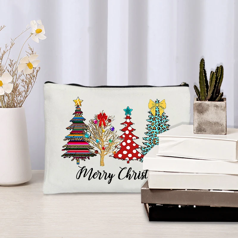 Merry Christmas Tree Pattern Zipper Cosmetic Case Xmas Gift for Friends Sister Mother Daughter Canvas Makeup Bag Toiletry Bags