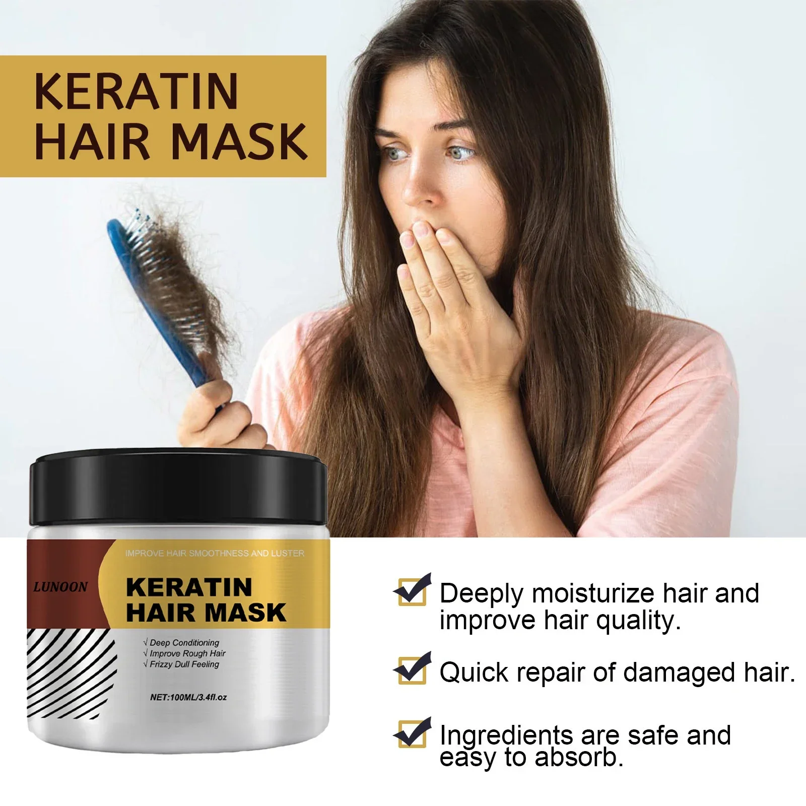 

Damaged Hair Repair Protein Mask - Straighten Frizzy Hair, Deep Moisturizing Soft Smooth Shiny Care