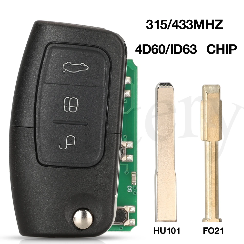 

jingyuqin 315/433MHz 4D63 80bit 3BTN Flip Folding Remote Control Key For Ford Focus Fiesta 2013 Fob With Uncut HU101/FO21 Blade