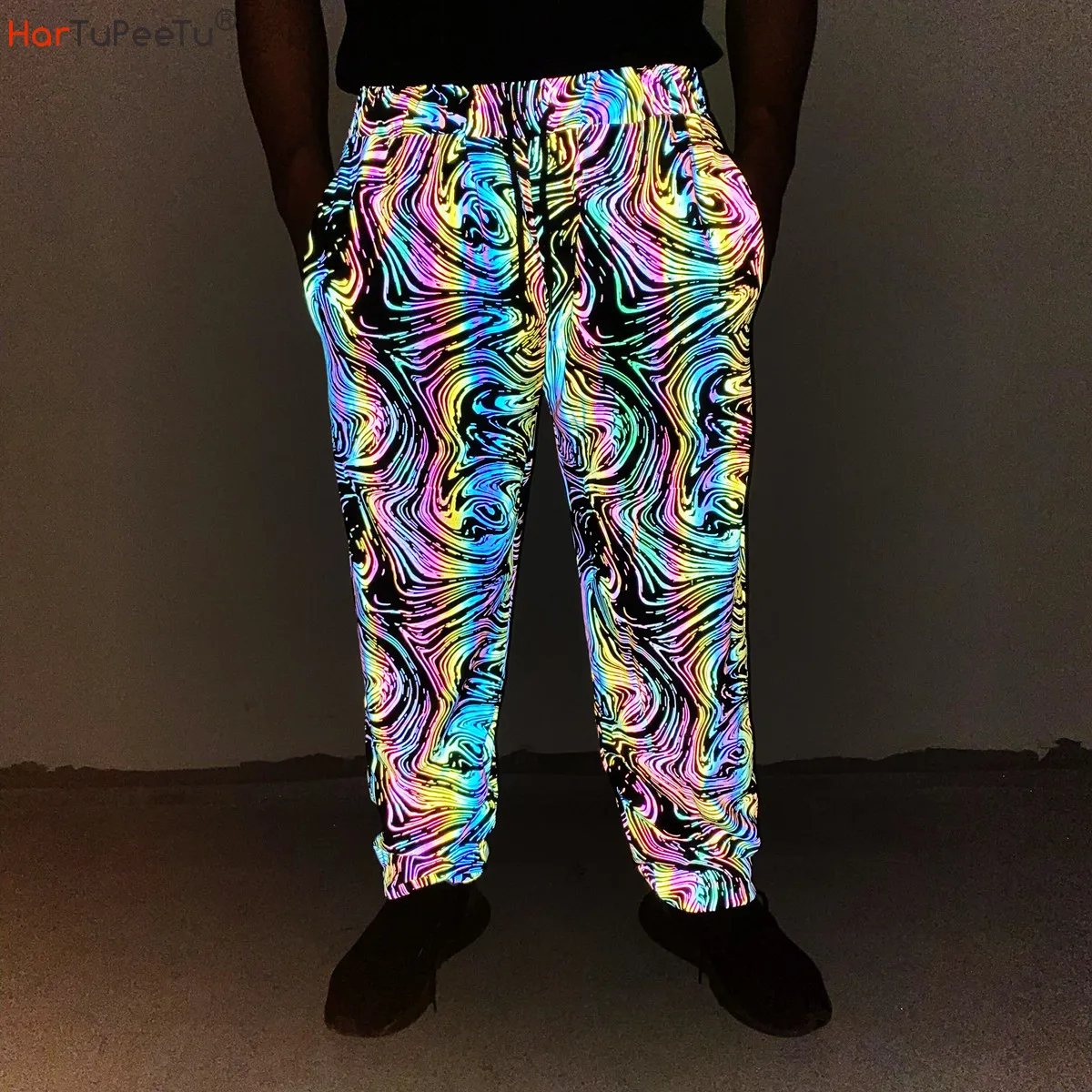 

Joggers Sweatpants Men Safety Reflective Pants Plus Size High Elastic Colourful Rainbow Starry Night Print Oversize Trousers