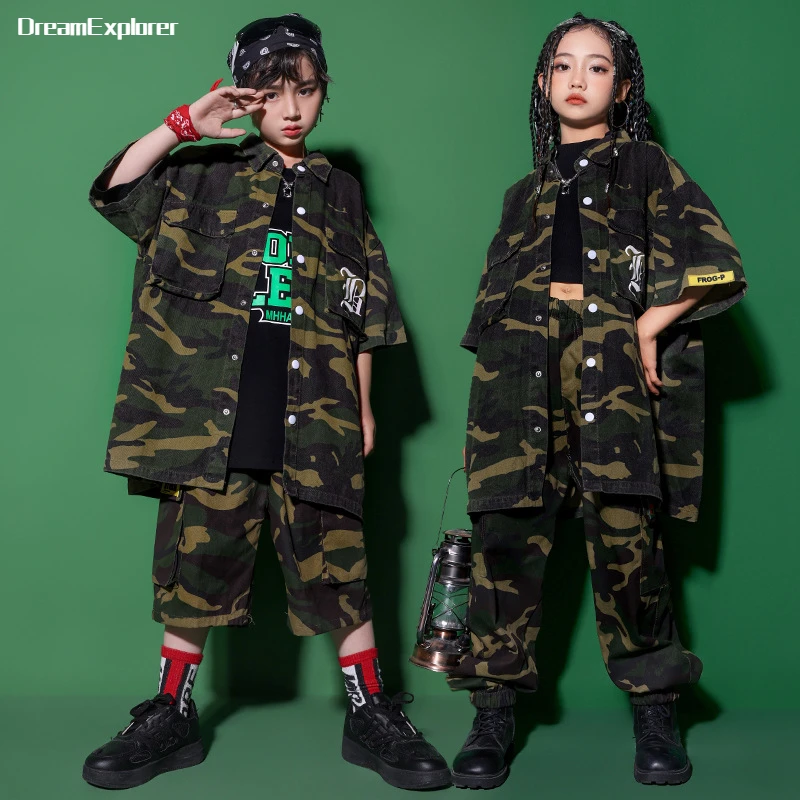 

Boys Hip Hop Camouflage Coat Cargo Pants Girls Crop Jacket Street Dance Joggers Child Military Streetwear Kids Jazz Clothes Sets