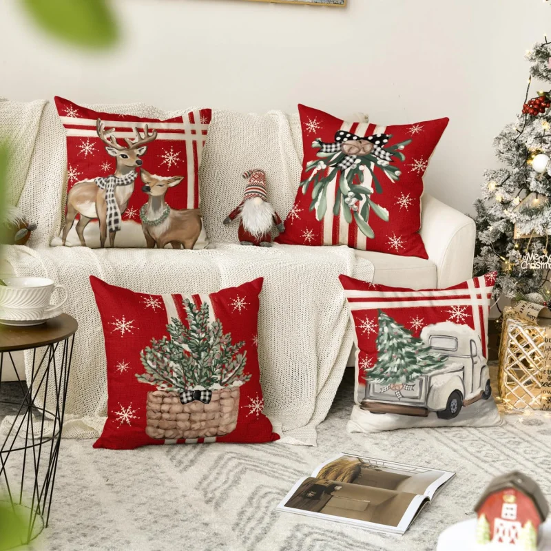 Christmas tree reindeer truck striped red pillow cover 18 x 18 inch winter vacation cushion cover 4-piece set