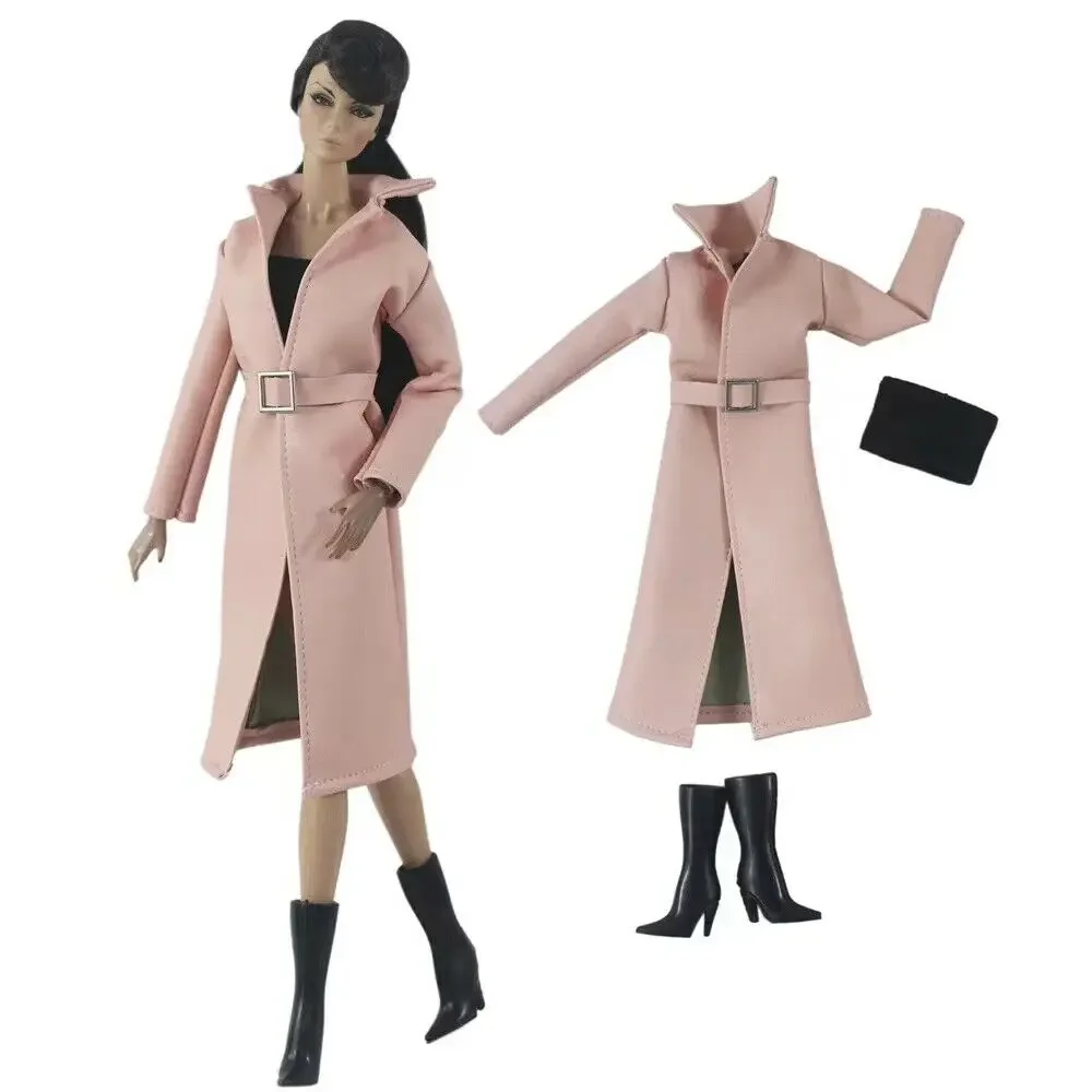 

Pink Leather Parka Windbreak 1/6 BJD Clothes for Barbie Doll Outfit Set Long Coat Winter Jacket Trenchcoat Boots Accessories Toy