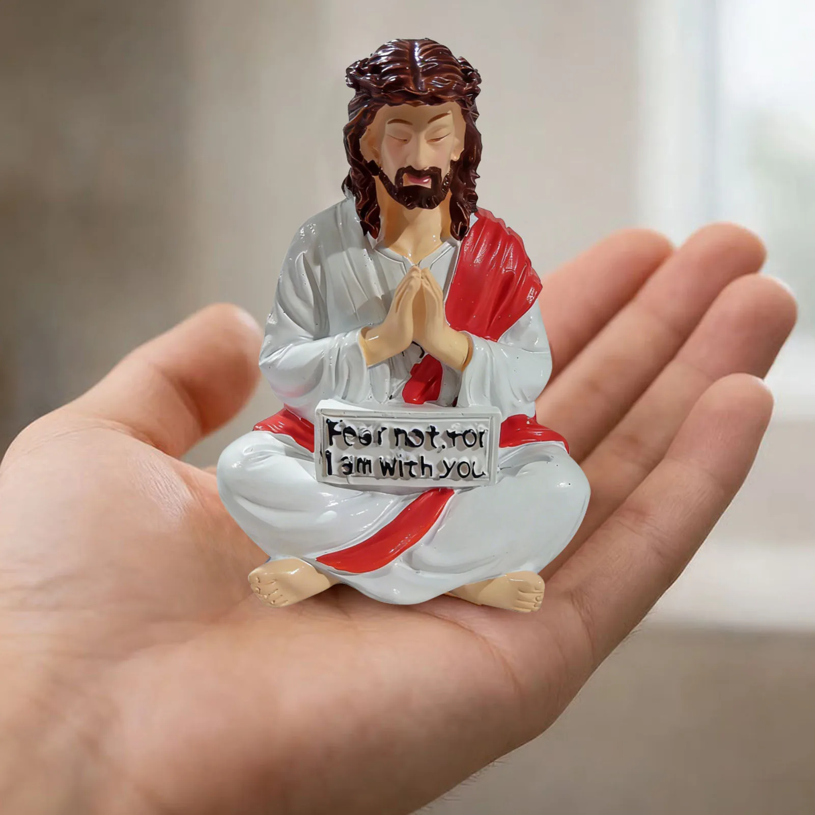 Hand Painted Jesus Christ Figurine 10cm Resin Sculpture Religious Desktop Shelf Decor for Home Apartment Mantel Fireplace Gift