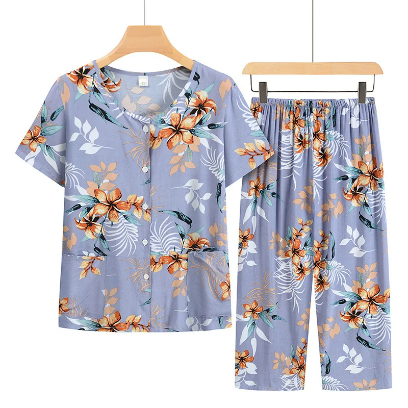 Middle Aged Mother Suit Pocket Pyjama Femme Summer Women's Clothing Home Wear Floral Grandma Pajama Sets Loose Pijama Mujer