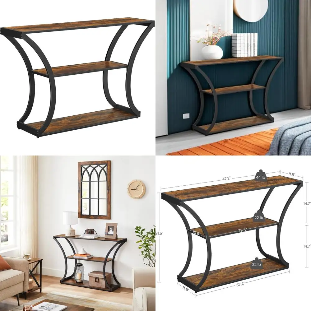 طاولة كونسول ريفية باللونين البني والأسود مع إطارات منحنية ورفين مفتوحين للممر، والمدخل، وغرفة المعيشة - 11.8 × 47.2