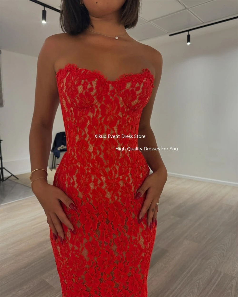 Xikuo فساتين حفلات حورية البحر الحمراء على شكل قلب من الدانتيل للنساء فستان سهرة للحفلات مثير فيستدو دي فيستا أنيقة فيمينينو لوكسو مخصص #4