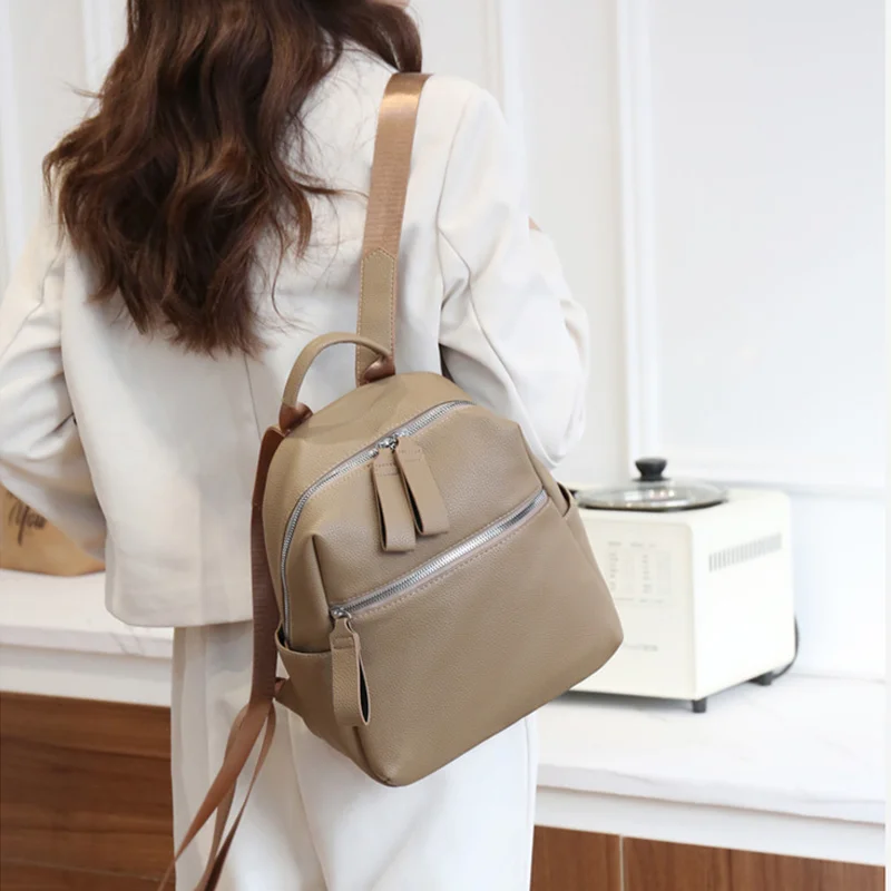 Minimalist PU Soft Leather Backpack for Women Fashion Multipurpose Handbag Ladies Shoulder Bag with Front Back Zipper pock