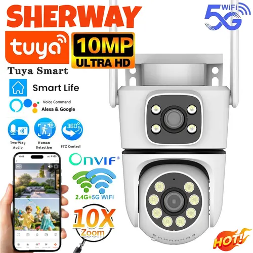 Imagen 1 del producto Tuya-cámara PTZ de 10MP con doble lente, 5G, Wifi, para exteriores, 4K, HD, pantalla Dual, protección de seguridad para el hogar, vigilancia de visión nocturna en Color
