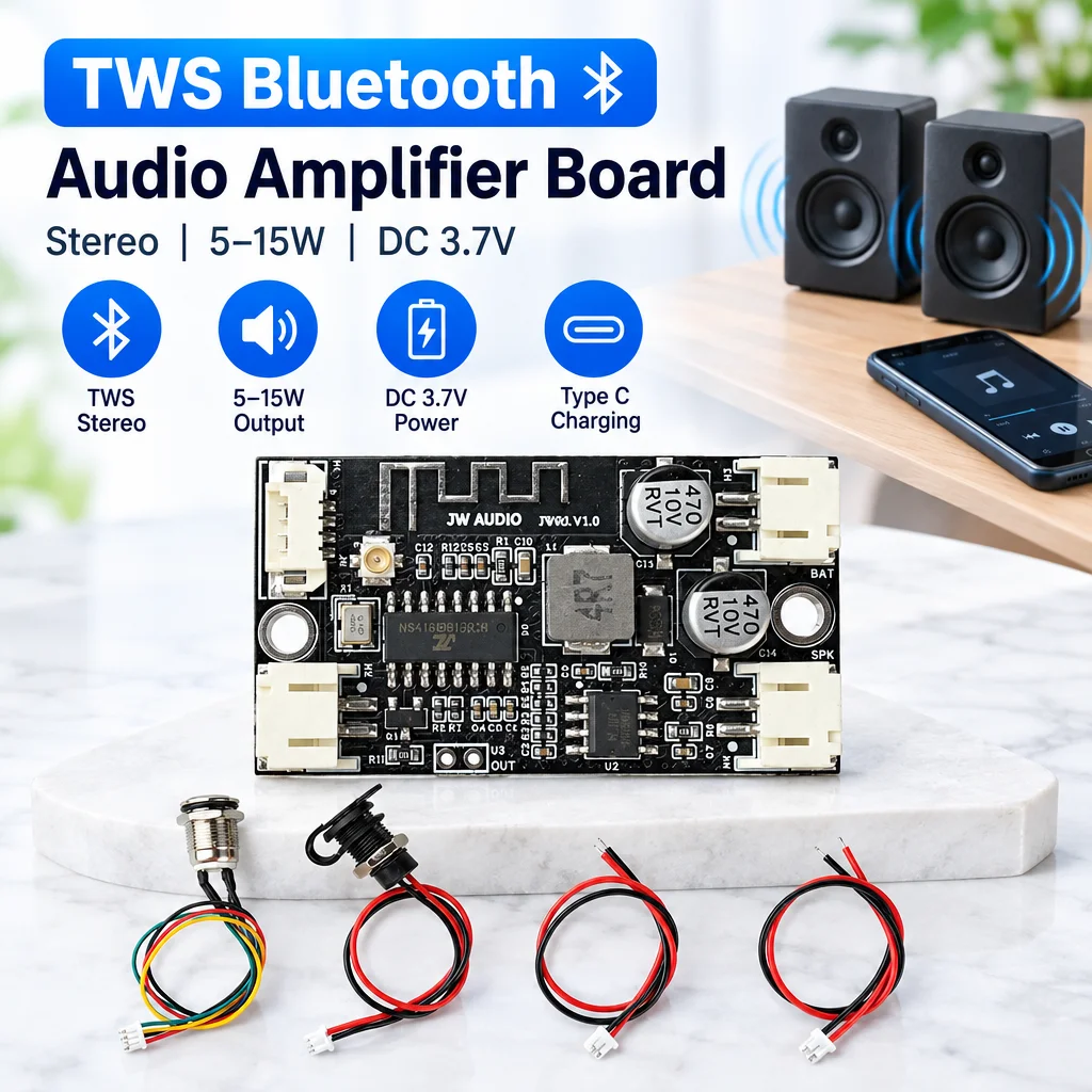 DC 3.7V Mono Bluetooth Power Amplifier Board With TWS Pairing Multi Function Switch LED Strip Output TYPE-C Charging DIY Audio