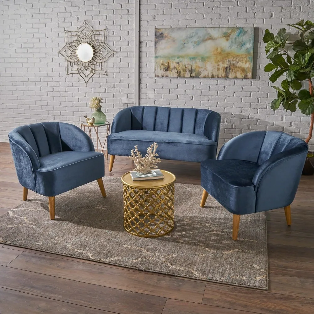 Living room set, 3-piece modern velvet sofa chat set, navy blue sofa living room set