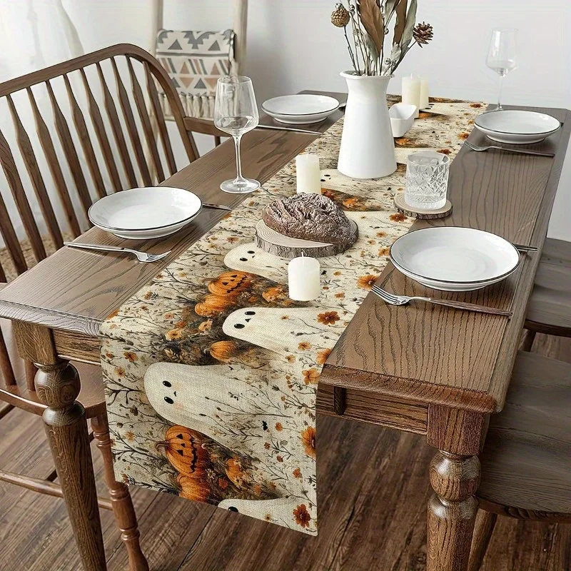1pc Halloween Ghost and Pumpkin Table Runner for Family Dinners, Afternoon Tea, Dining Table Decor, and Lounge Area Decoration