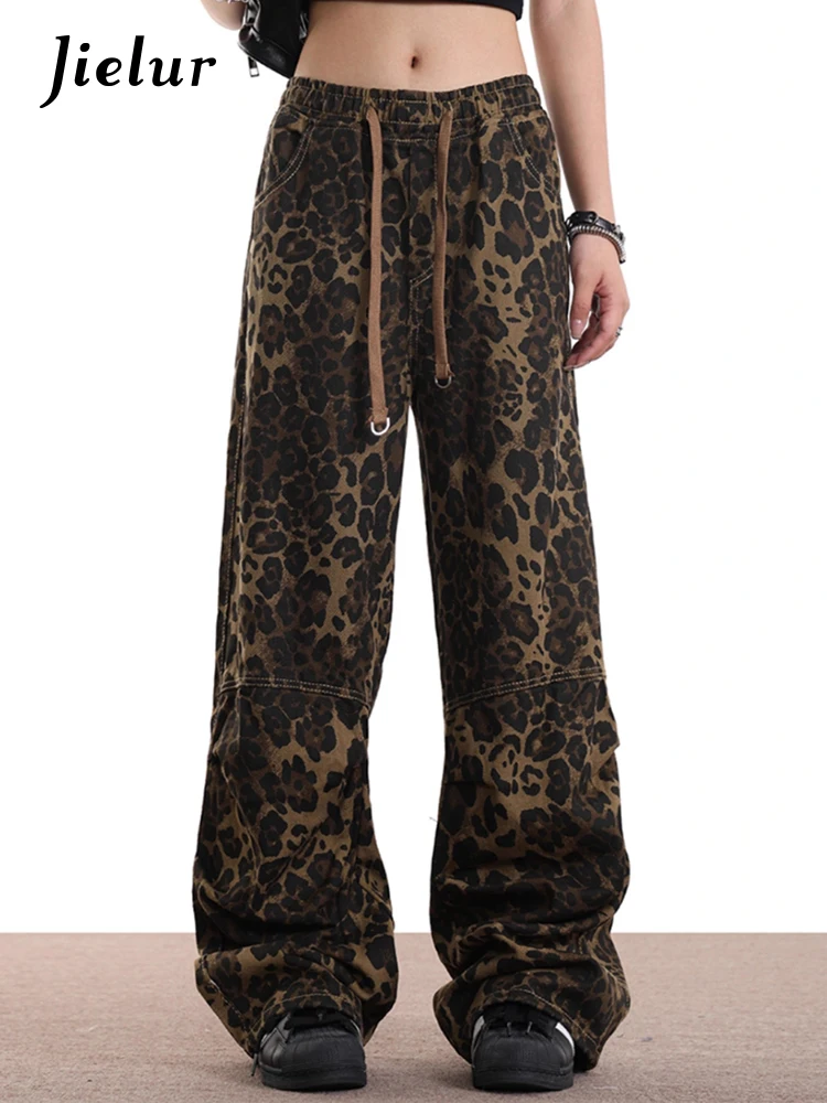 Pantaloni da donna leopardati autunno classico con coulisse pantaloni femminili casual semplici larghi a vita alta moda vintage a tutta lunghezza americana