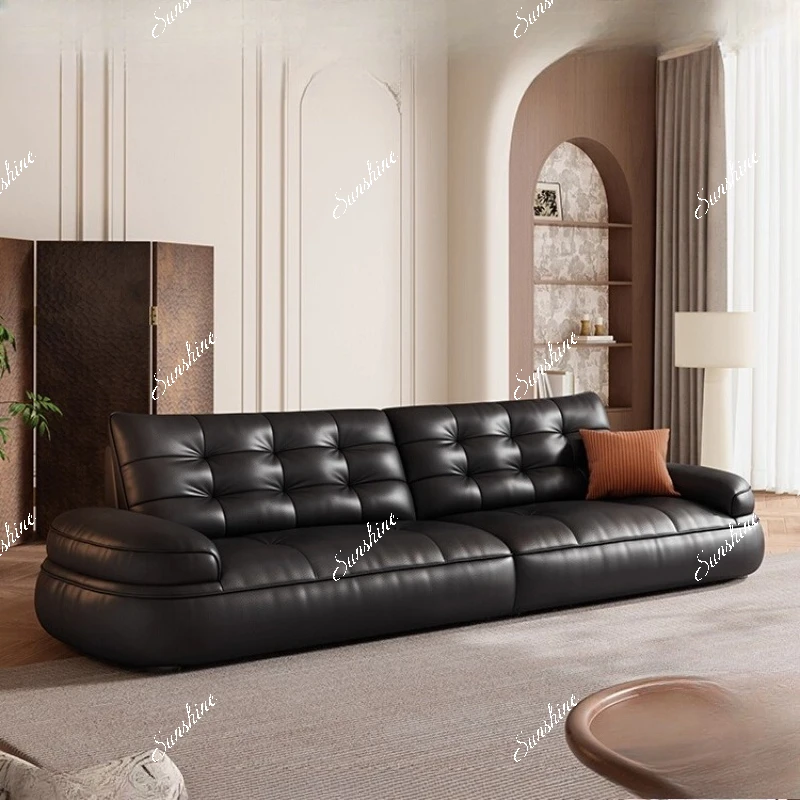 

French vintage leather sofa living room small apartment inline cream style simple and modern
