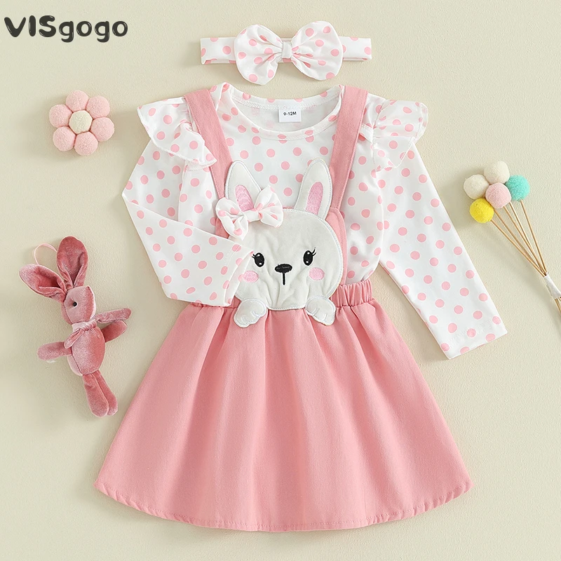 

VISgogo 3Pcs Cute Baby Girls Outfits Long Sleeve Polka Dot Print Romper Bunny Suspender Skirt Bow Headband Clothes Set