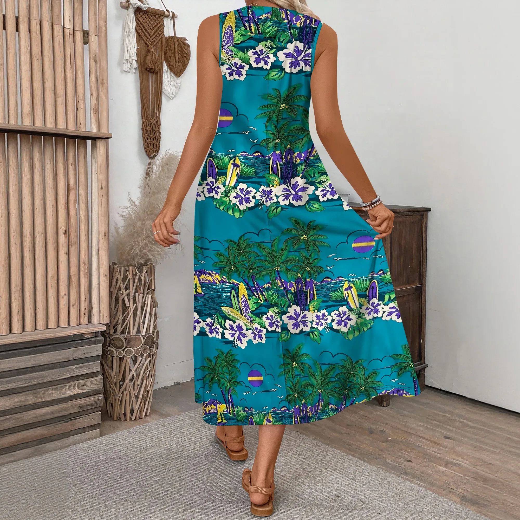 Abito lungo da donna con stampa di scene tropicali blu Nupusa, taglia regolare, casual, senza maniche, con tasche