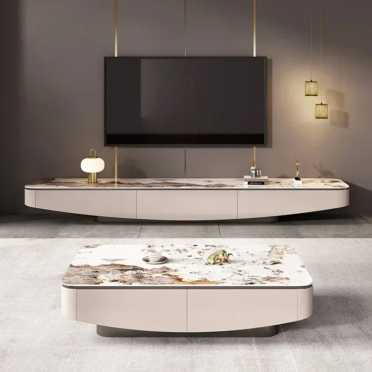 Italian light luxury glossy rock slab coffee table TV cabinet