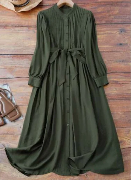Plus Size Women Stand Collar Pleated Midi Dress, Long Lantern Sleeve Button Front Self Tie Waist Chiffon Dress