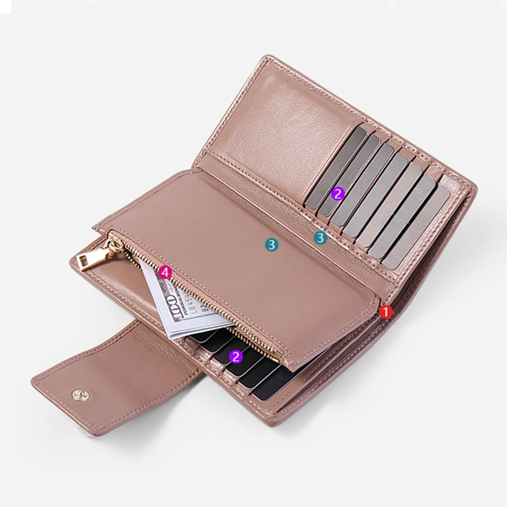 Luxe Gerimpelde Schapenvacht Kaarthouder Portemonnee Voor Vrouwen Gewatteerde Echt Leer Vrouwelijke Lange Portemonnee Grote Capaciteit Lady Clutch Bag