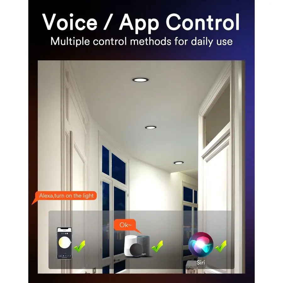 Black Smart WiFi Recessed Lights 6 Inch, Color Changing LED Recessed Lights with JBox 13W 1000LM, Dimmable Canless Wafer Downlig