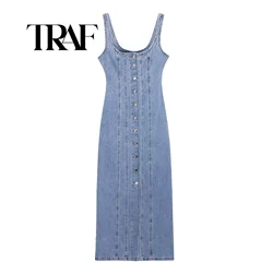 TRAF Summer Ladies Zipper Denim Dress Women Elegant Spaghetti Strap Sexy O-Neck Vintage Casual Female Sling Mid-Long Dress ﻿