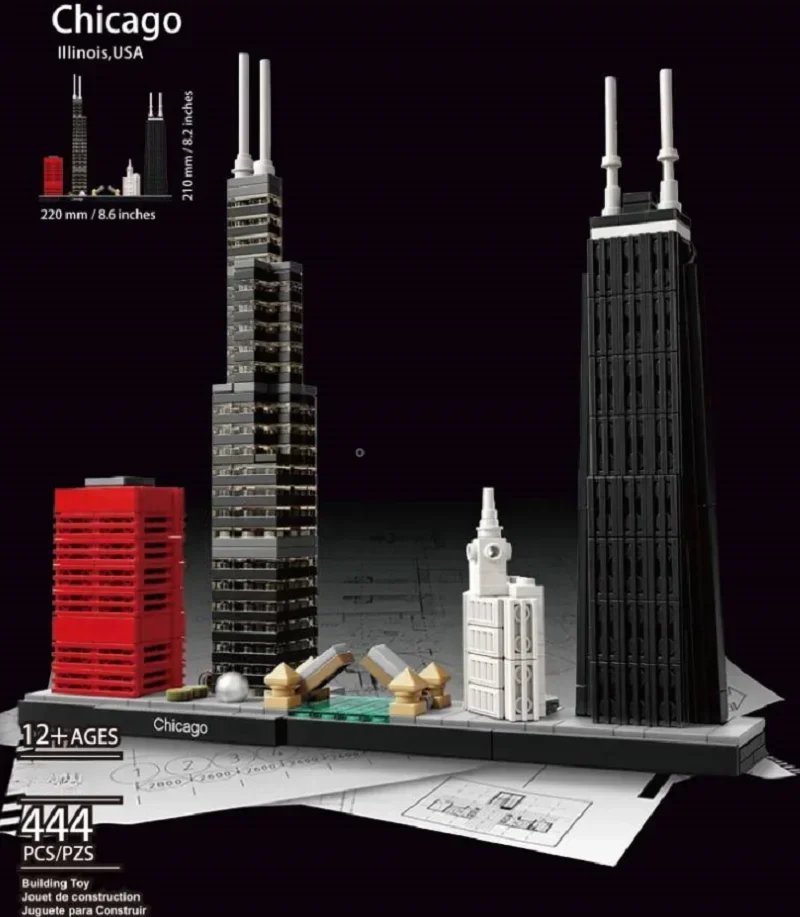 MOC 21033 Chicago 444 Buildings Over Ten Years, Skyline Architecture Series, Classic Model Assembly, DIY Children's Toy Gifts