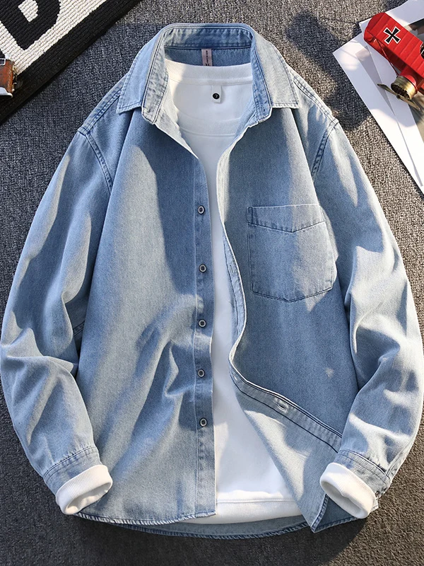 

Весенне-осенний свободный крой Long Sve Denim irt для мужчин, тонкий универсальный молодежный повседневный жакет из смеси хлопка и полиэстера