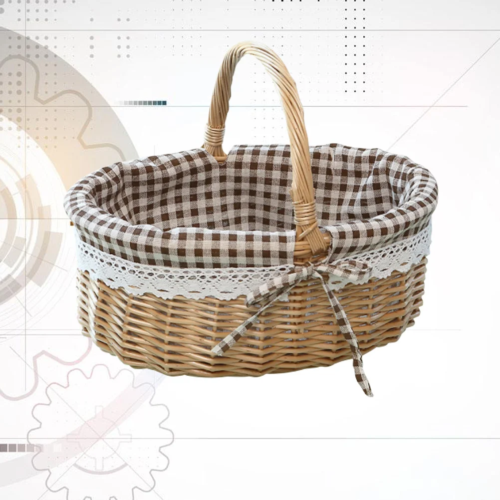 Hand Woven Wicker Storage Basket S Coffee Plaid Linen Inner Modern Minimalist Fruit Basket for Kitchen Food Serving Snack