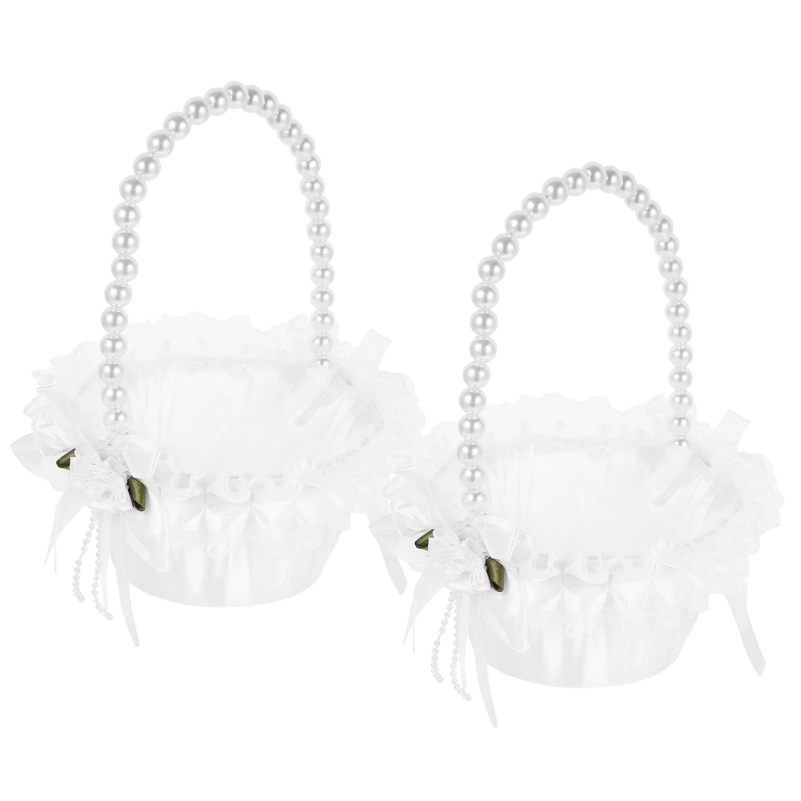 

2pcs Wedding Flower Girl Baskets Pearl Silk Lightweight Comfort Handle Storage White Lace Basket for Ceremonies Parties Events