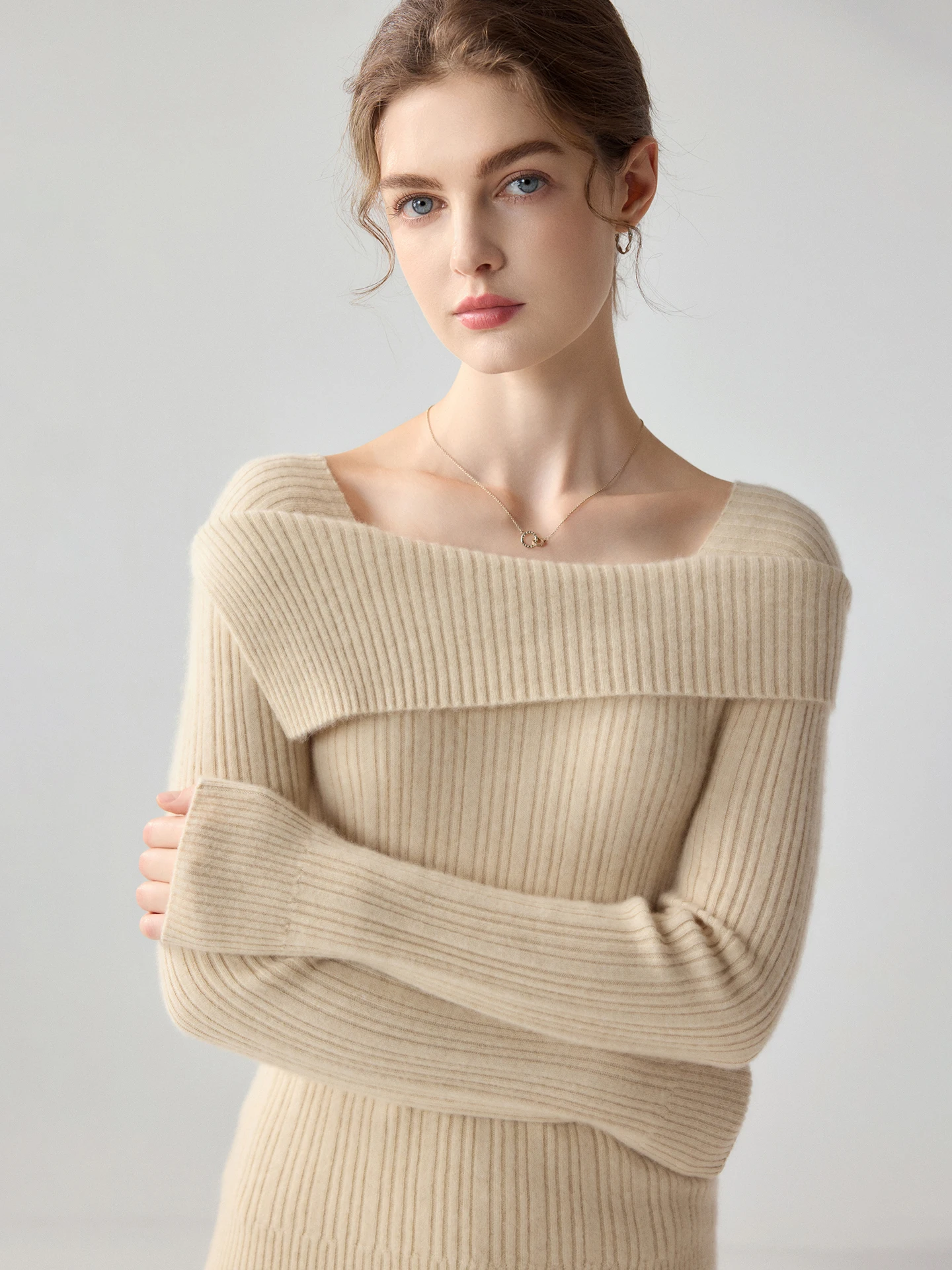 TLOML Women 100% Cashmere Sweater French Style Slash Neck  Pit Striped Pullover Cashmere Knitwear Autumn Winter Slim Elegant Top
