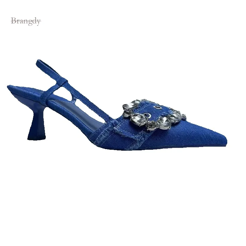 

Exquisite Autumn New Women's Shoes Sea Blue Belt Buckle Embellishment with Denim Rhinestone Exposed High Heels, Pointed Sandals