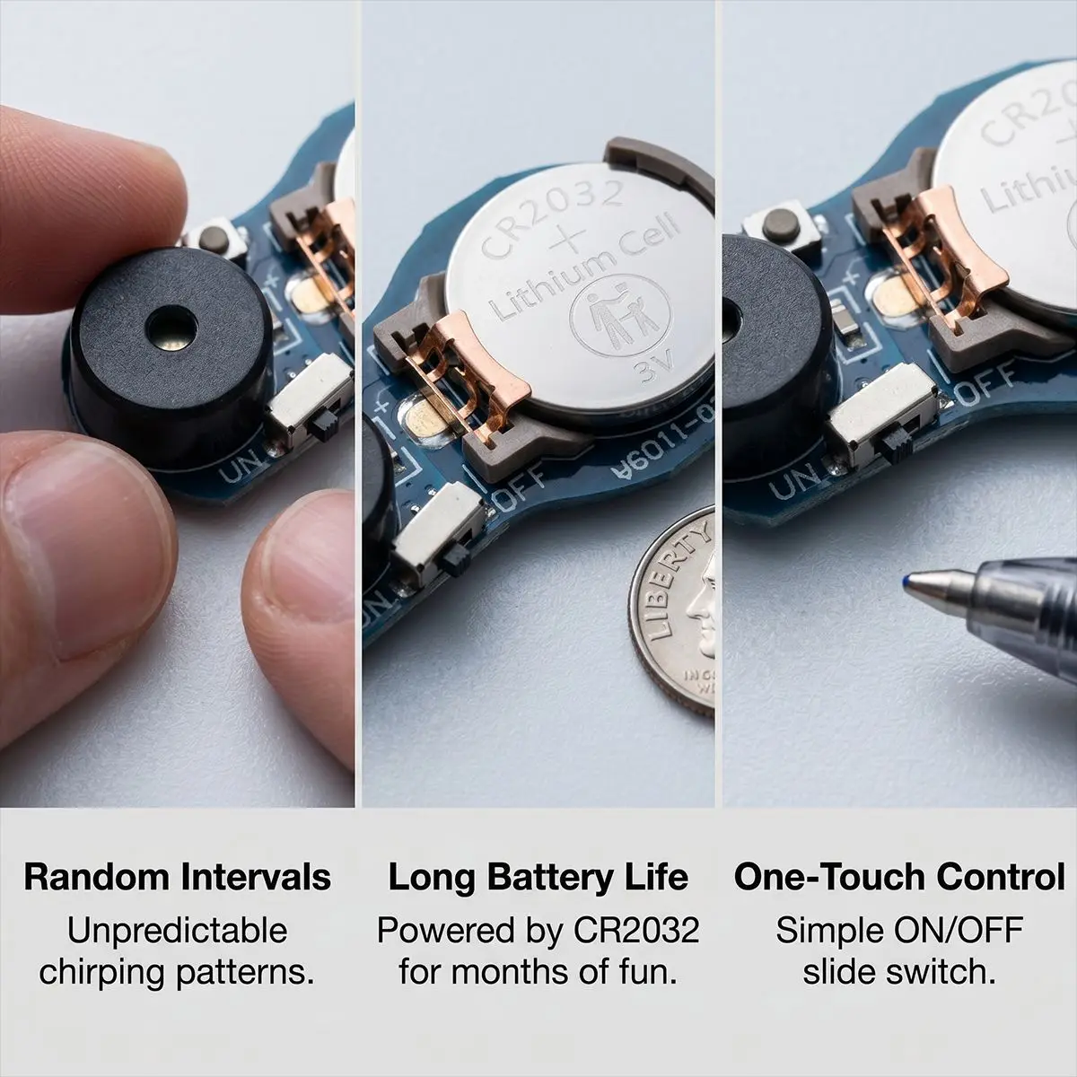 Mini Cricket Chirping Prank Noise Maker, Intermittent Sound Device with ON/OFF Switch, CR2032 Battery Included