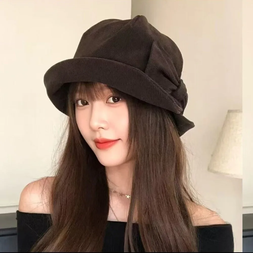 Fashion Small Brim Corduroy Bucket Hat Bowknot Face Slimming Fisherman Cap Warm Flattering for Face Shape Basin Cap Travel