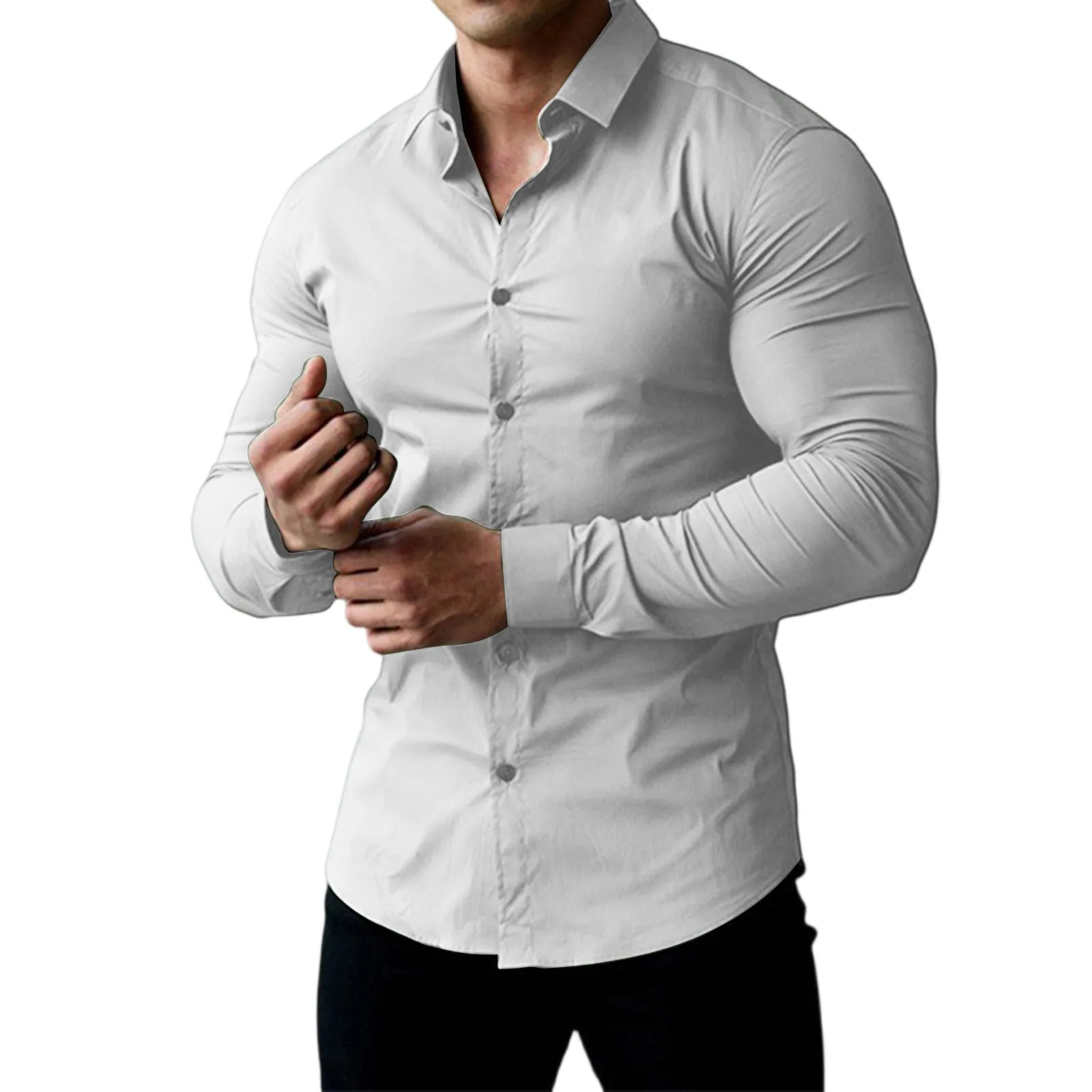 New Spring Autumn Mens Full Sleeve Shirt Solid Fitness Men Turndown Collar Super Slim Fit Business Dress Shirt Button Gym Tops