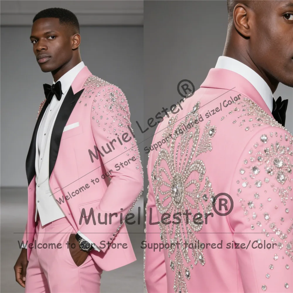 

Luxury Beaded Crystals Suits Men Slim Fit Black Peaked Lapel Prom Blazers Customized 2 Piece Set Groom Wedding Tuxedos Plus Size