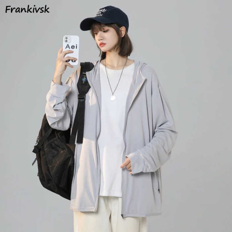 Sun-proof Thin Jackets Women Summer Pure Color Hooded Breathable Simple Elegant Casual Temperament Office Lady Daily Cozy 2023