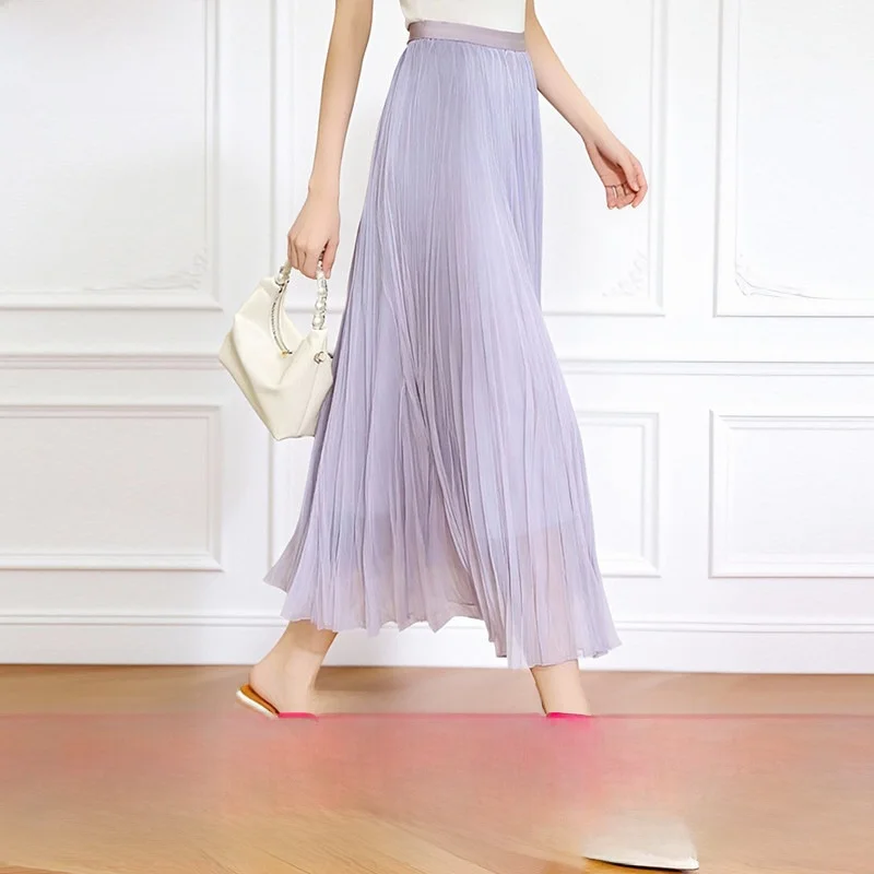 

Philosophy of Fashion High Waist Pleated Skirt Women's Summer Lightweight Breathable Slimming Midi Skirt Polyester Fiber