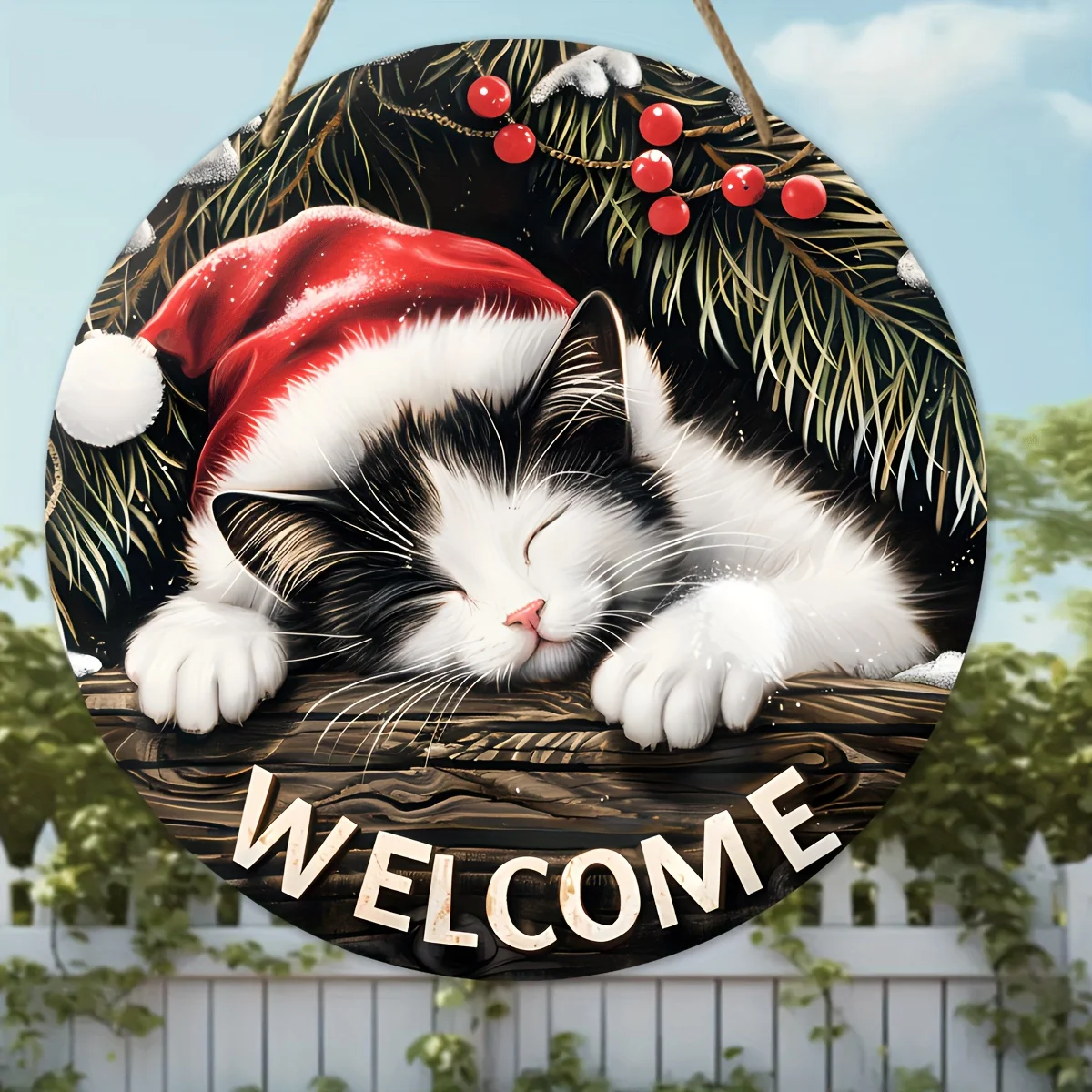 Christmas Welcome Sign - 20x20 cm, Wooden Round Hanging Decoration with Sleeping Cat Design, Perfect for Wreath Accents, New Ye