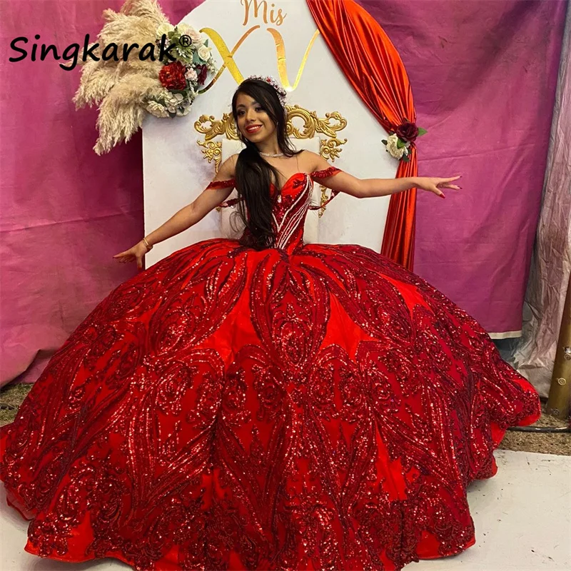 Vestido princesa Quinceanera com lantejoulas e flores frisadas, vestido vermelho de baile, Sweet 16, Applique, Natal, 15 anos, 2023