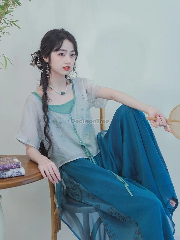 2024 new summer improved chinese song dynasty women hanfu set gentle national style short sleeve top loose casual pants set w895