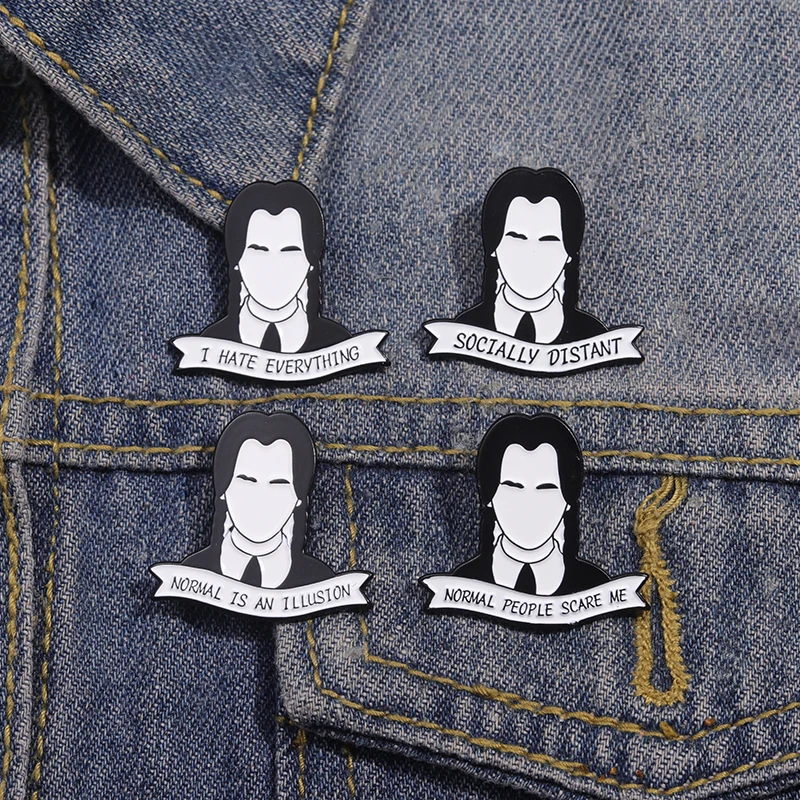 Horror TV Character Enamel Pin Socially Distant I Hate Everything Cartoon Brooches Normal People Scare Me Lapel Badge Jewelry